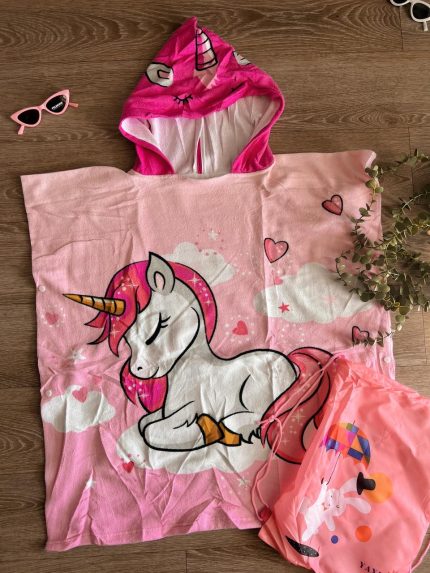 Πετσέτα θαλασσης poncho  large pink unicorn