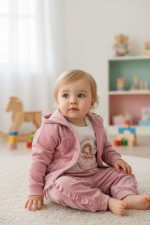 Βρεφικό Βελούδινο Σετ Κοριτσιού 3 Τεμ. – Ζακέτα, Παντελόνι & Μπλούζα “Princess” Ροζ