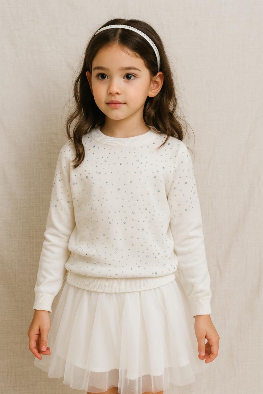 image00005 White Knit Sweater - Λεπτή παιδική μπλούζα με στρας - Image 1