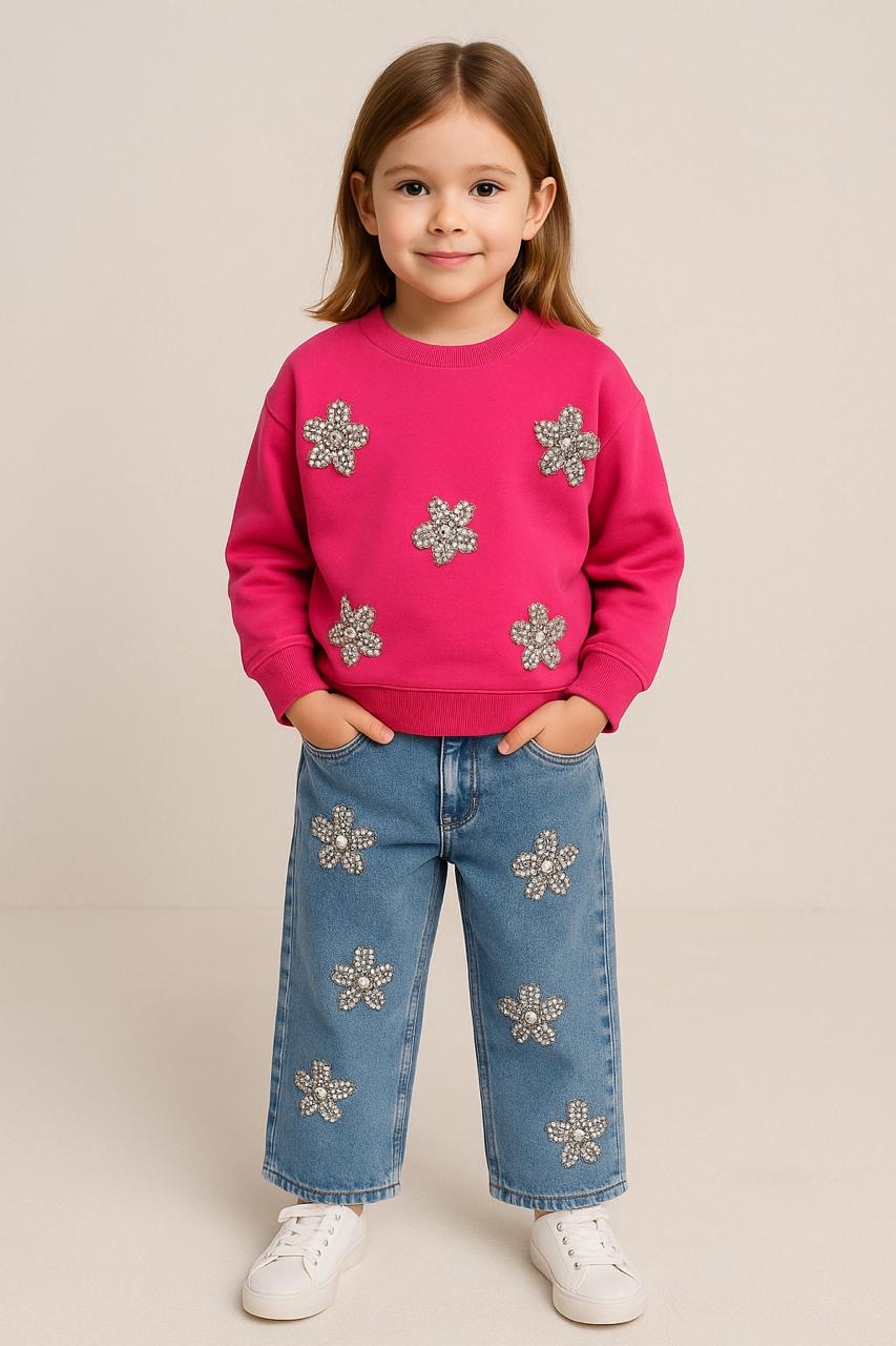 image00006 Crystal Flower Appliqués - Παιδικό φούξια φούτερ μπλούζα με φιόγκους από στρας - Image 1