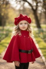Elegant Star Cape Set - κόκκινη  Κάπα με Στρας, Ζώνη και Μπερέ στο Ίδιο Ύφασμα