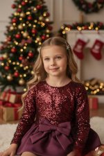 “Elena” Bordeaux Sparkle Dress – Φόρεμα με παγιέτα και φιόγκο - Image 3