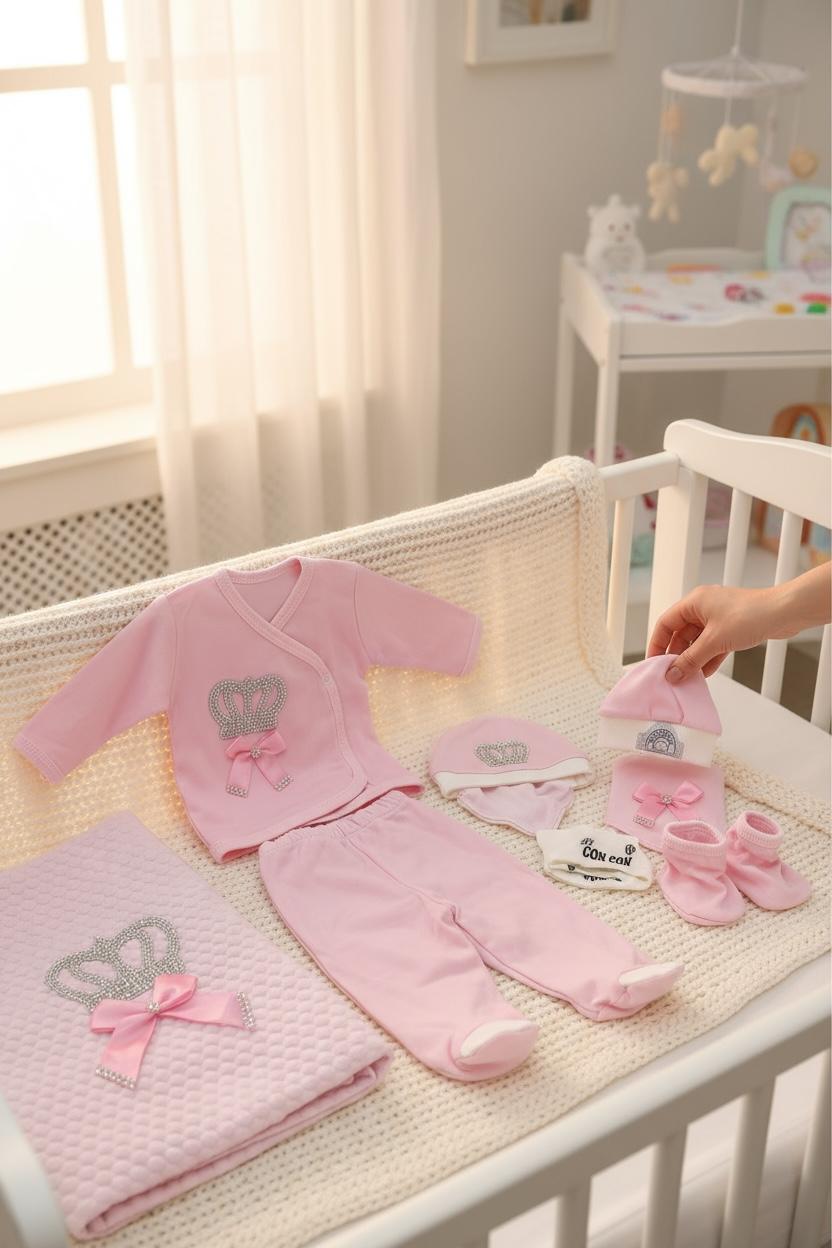 IMG-20251102-WA0014 Newborn Σετ για Κορίτσι από Οργανικό Βαμβάκι – Ροζ με Κορώνα | Κουβερτάκι, Φορμάκια & Ζακετάκι - Image 1
