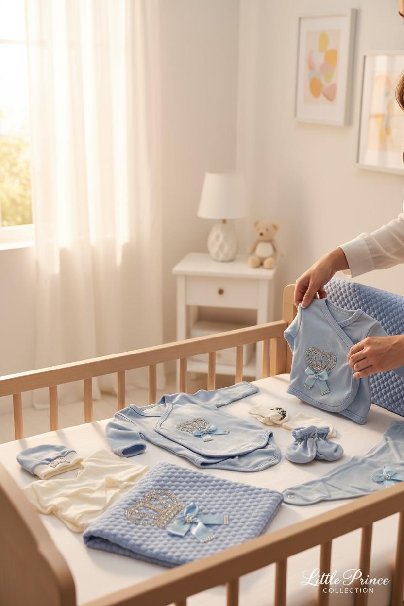 IMG-20251102-WA0018 Newborn Σετ για Αγόρι μΓαλάζιο με Κορώνα | Κουβερτάκι, Φορμάκια & Ζακετάκι - Image 1
