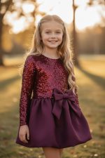 “Elena” Bordeaux Sparkle Dress – Φόρεμα με παγιέτα και φιόγκο