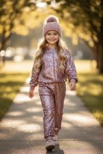 Sparkle Dreams Velvet Set – Ροζ Παιδικό σετ φόρμας με παγιέτες