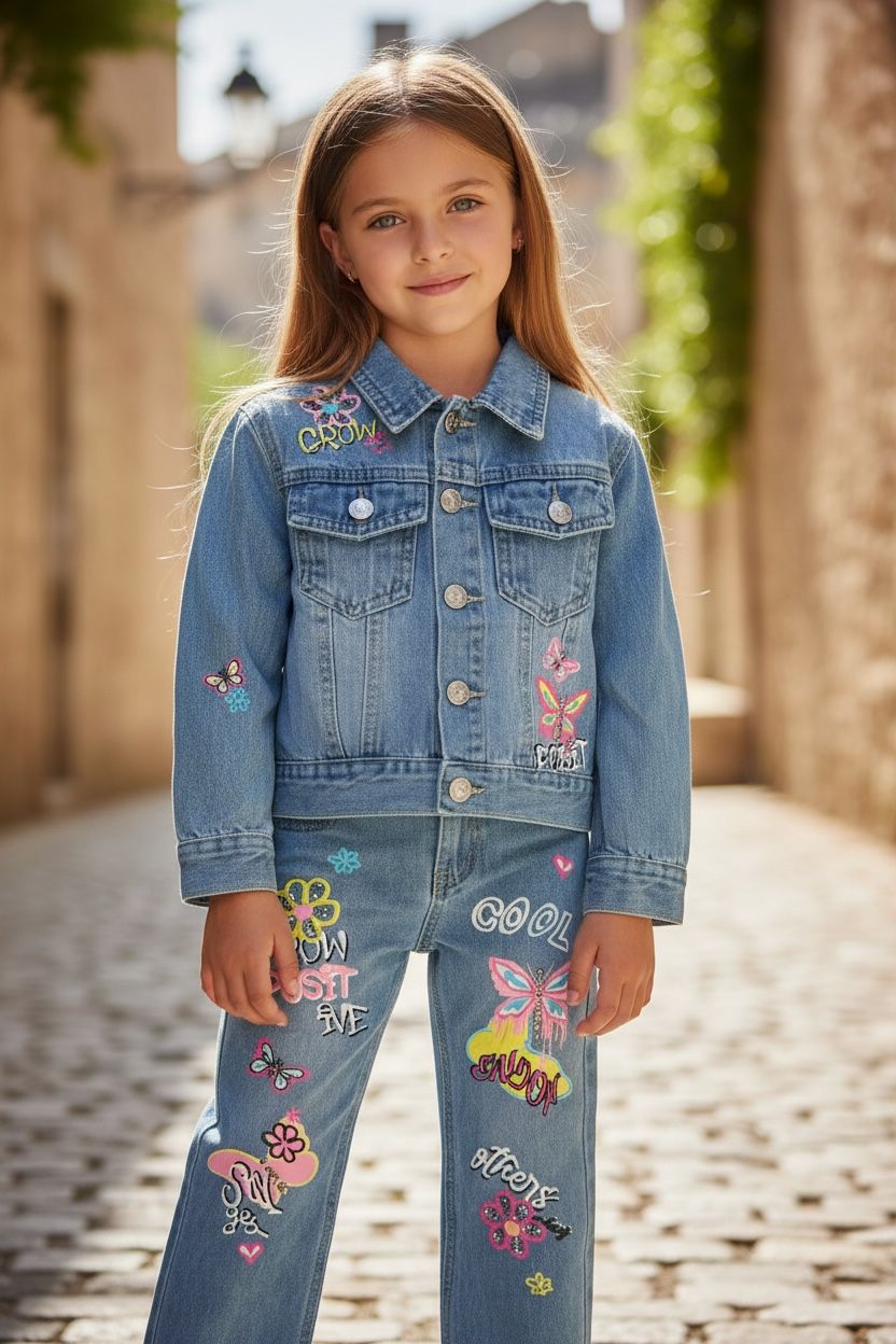 IMG-20251205-WA0007 Girls Denim Set “Harper” – Παιδικό Τζιν Σετ με Χρωματιστά Prints & Κεντήματα - Image 1
