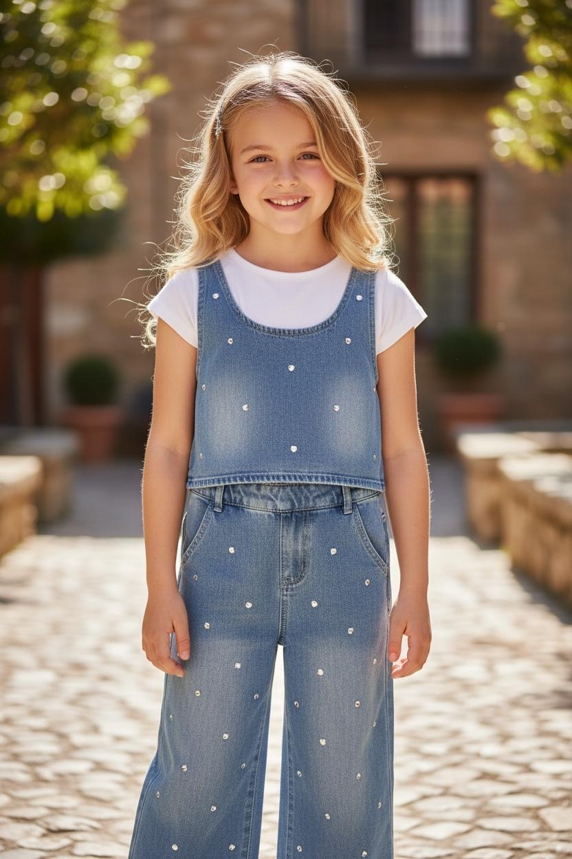 5166610c-02bd-4809-a23c-bd7cd7648ee9 ZOE heart set - Denim Set με 3D Καρδιές Στρας – Παντελόνι, Μπλουζάκι & Denim Top - Image 1