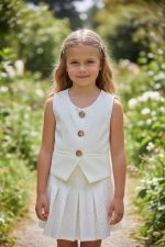 White Lumière Set - Λευκό Σετ με Στρας & Χρυσά Κουμπιά για Κορίτσι – Επίσημο Σύνολο με Γιλέκο & Πλισέ Φούστα - Image 2