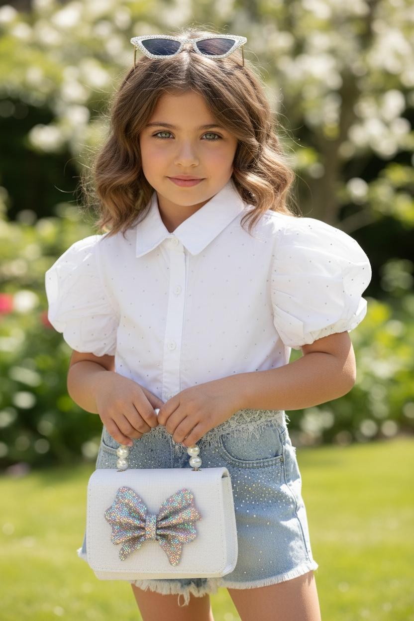 WhatsApp Image 2026-03-12 at 09.40.13 (1) White Sparkle Puff Shirt - Παιδικό πουκάμισο με φουσκωτά μανίκια και στρας - Image 1