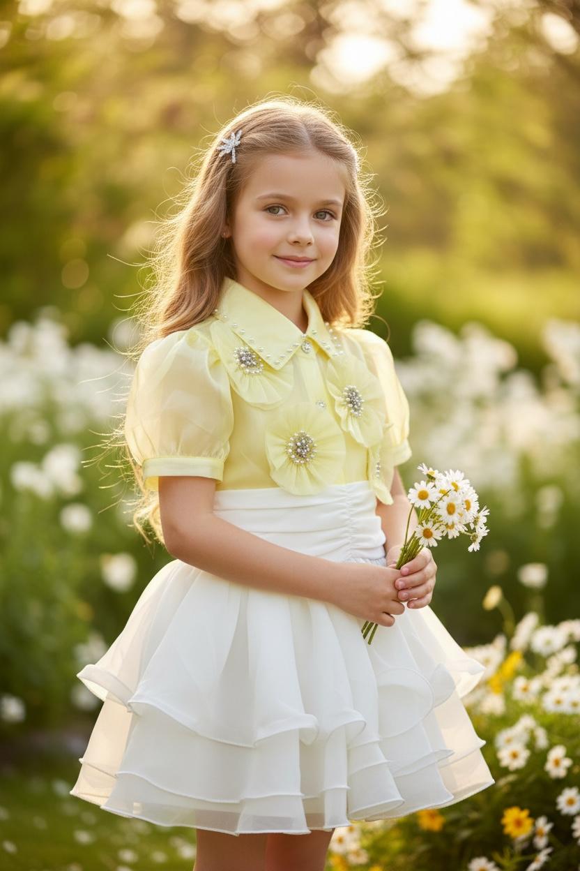 WhatsApp Image 2026-03-12 at 09.40.14 (1) Yellow Pearl Blossom Shirt - Πουκάμισο για Κορίτσι με Λουλούδια, Πέρλες και Λεπτή Τιράντα - Image 1