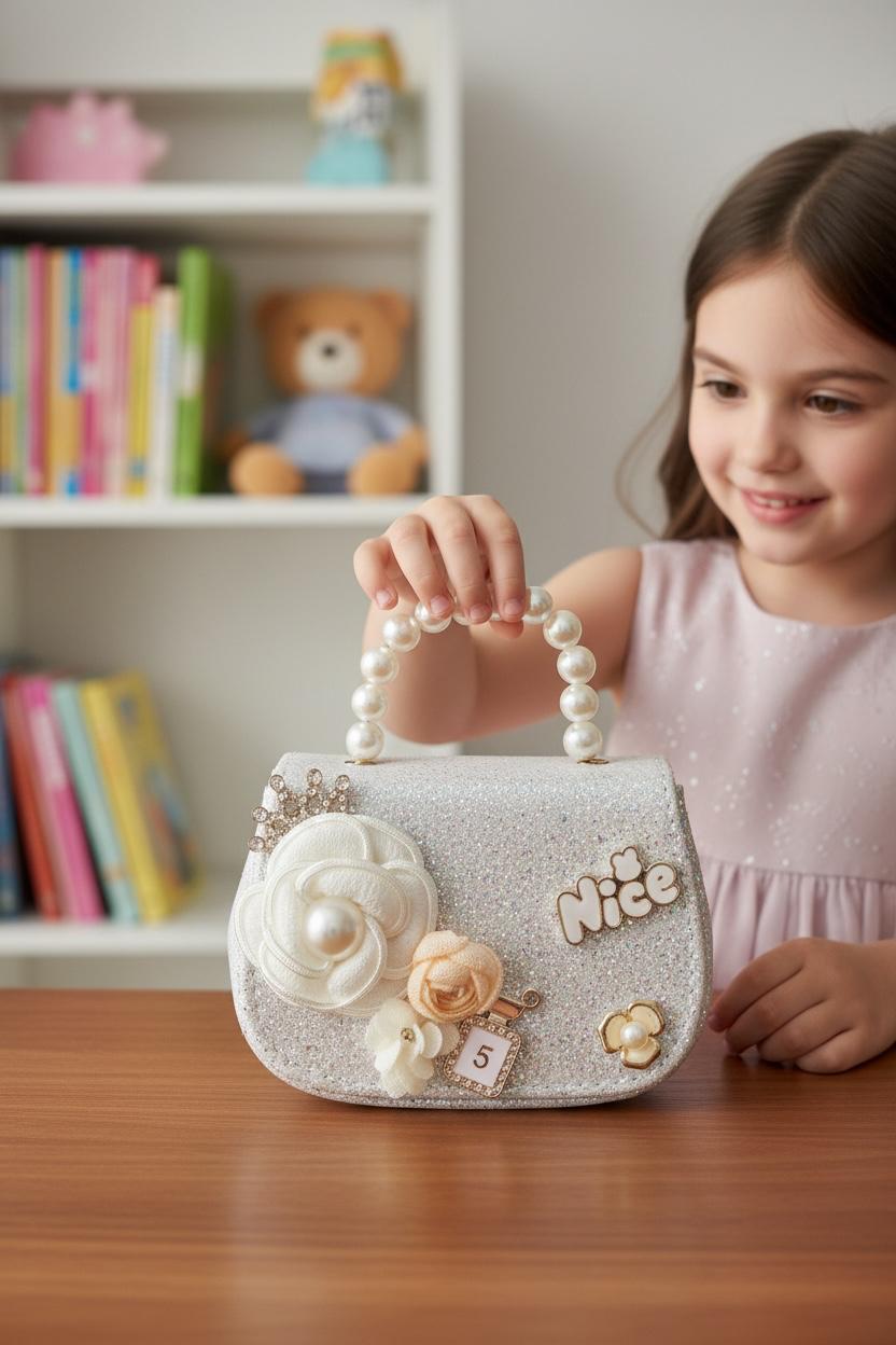 WhatsApp Image 2026-07-08 at 09.44.02 (1) Pearl Bloom Bag - Παιδικό Pearl Bloom Τσαντάκι με Πέρλες & Λουλούδια σε Ασημί - Image 1