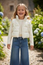 Mali White Denim Set - Παιδικό Σετ Mali με Wide Leg Jean, Λευκή Μπλούζα & Αμάνικο Μπουφάν - Image 3