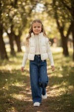 Mali White Denim Set - Παιδικό Σετ Mali με Wide Leg Jean, Λευκή Μπλούζα & Αμάνικο Μπουφάν