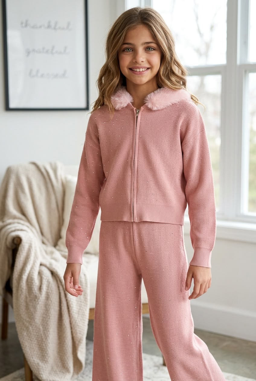 WhatsApp Image 2026-07-20 at 15.59.00 (2) Sparkle Knit Set with fur - Ροζ Παιδικό Πλεκτό Σετ με Στρας & Αποσπώμενη Γούνινη Κουκούλα | Sparkle Knit Set - Image 1