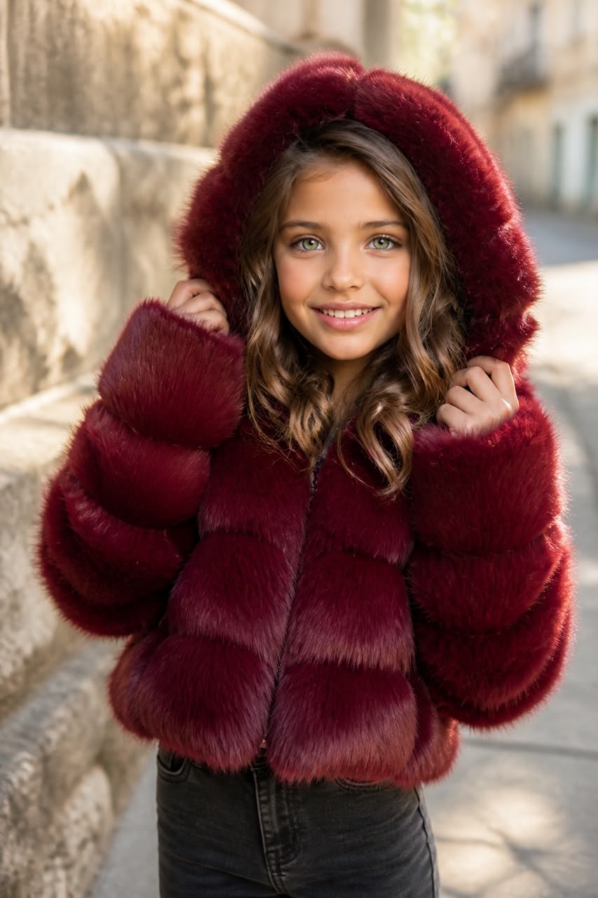 WhatsApp Image 2026-07-25 at 10.27.30 Ruby Faux Fur Coat - Μπορντώ Παιδική Γούνα με Κουκούλα & Γούνινη Επένδυση | Ruby Faux Fur Coat - Image 1