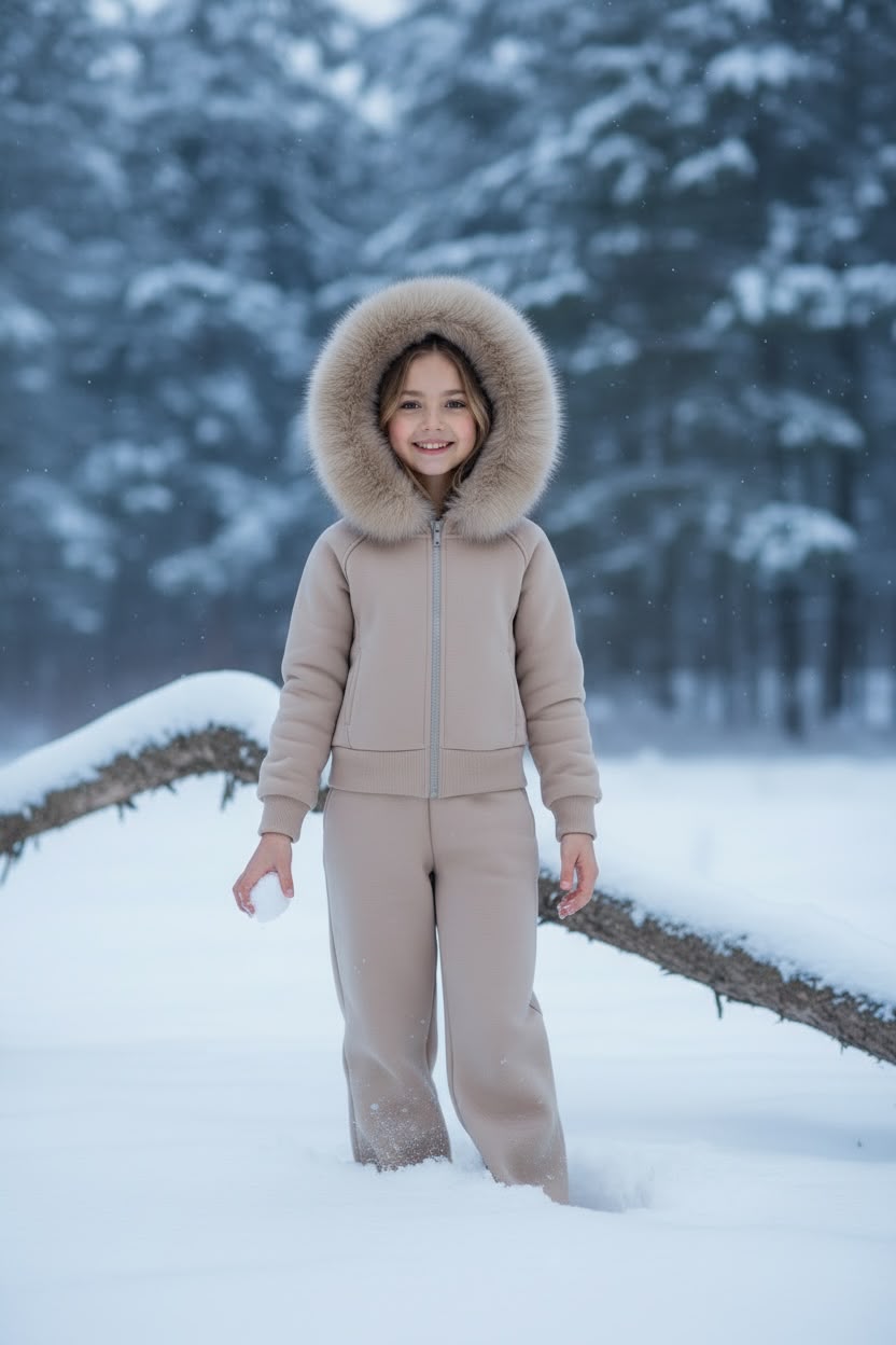 WhatsApp Image 2026-07-29 at 14.49.49 Beige Fur Hood Set - Παιδικό καφέ σετ φόρμας με ζακέτα και αποσπώμενη γούνα στην κουκούλα - Image 1