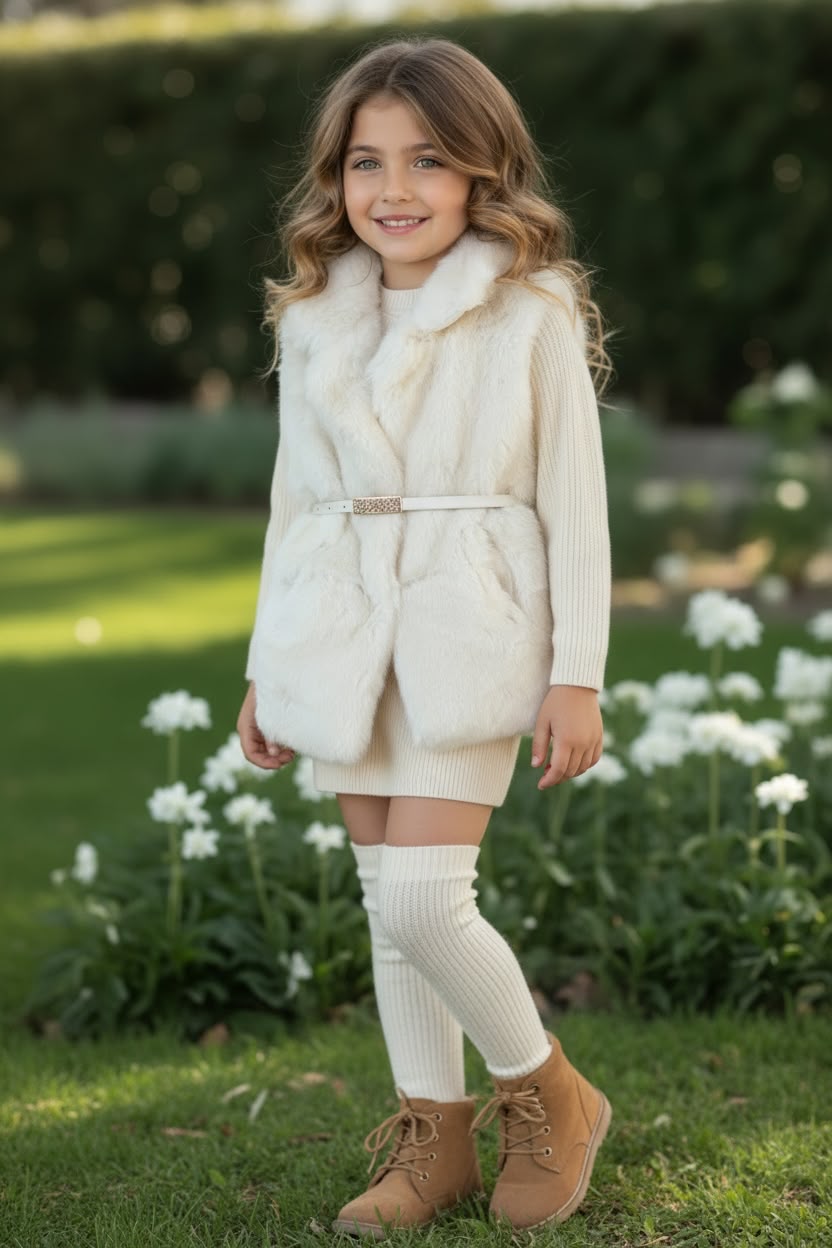 WhatsApp Image 2026-07-29 at 14.49.57 (1) Beige Fur Knit Dress Set - Φόρεμα με Αμάνικη Γούνινη Ζακέτα, Γιακά, Ζώνη & Τσέπες - Image 1