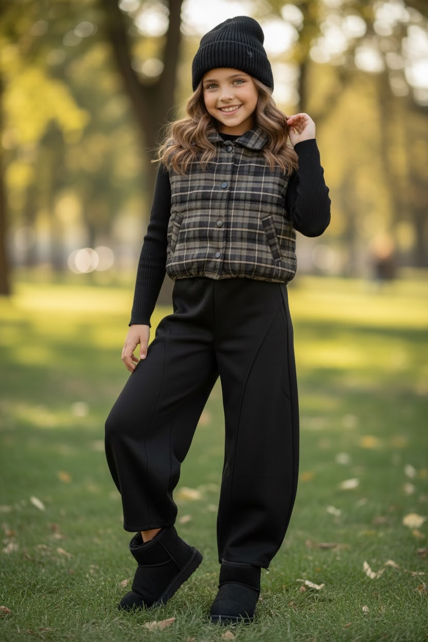WhatsApp Image 2026-07-29 at 14.50.06 Kids 3-Piece Black & Plaid Set - Παιδικό Σετ 3 Τεμαχίων με Καρό Αμάνικο Γιλέκο & Μαύρη Φόρμα - Image 1