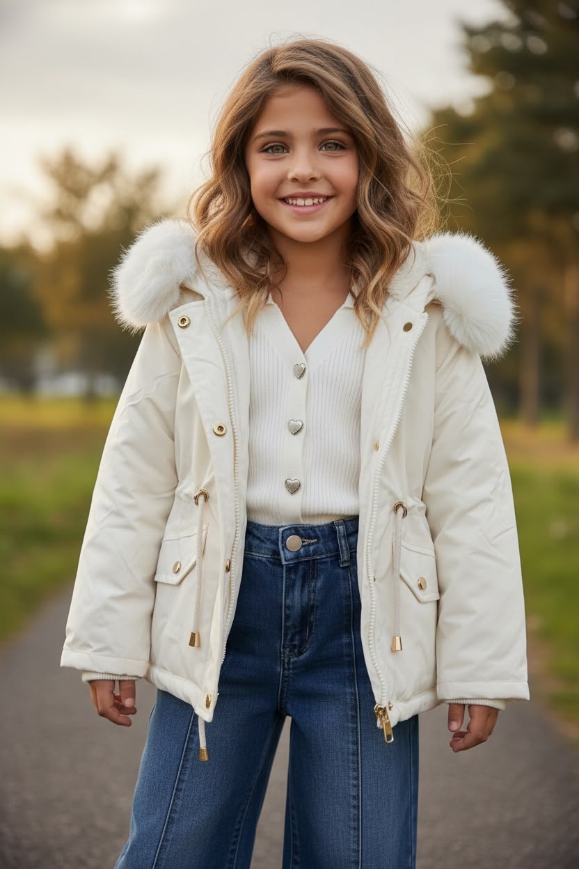 WhatsApp Image 2026-08-10 at 19.35.58 White Cozy Fur Parka - Παιδικό Εκρού Μπουφάν με Κουκούλα & Γούνινη Επένδυση | Ζεστό Χειμερινό Parka - Image 1