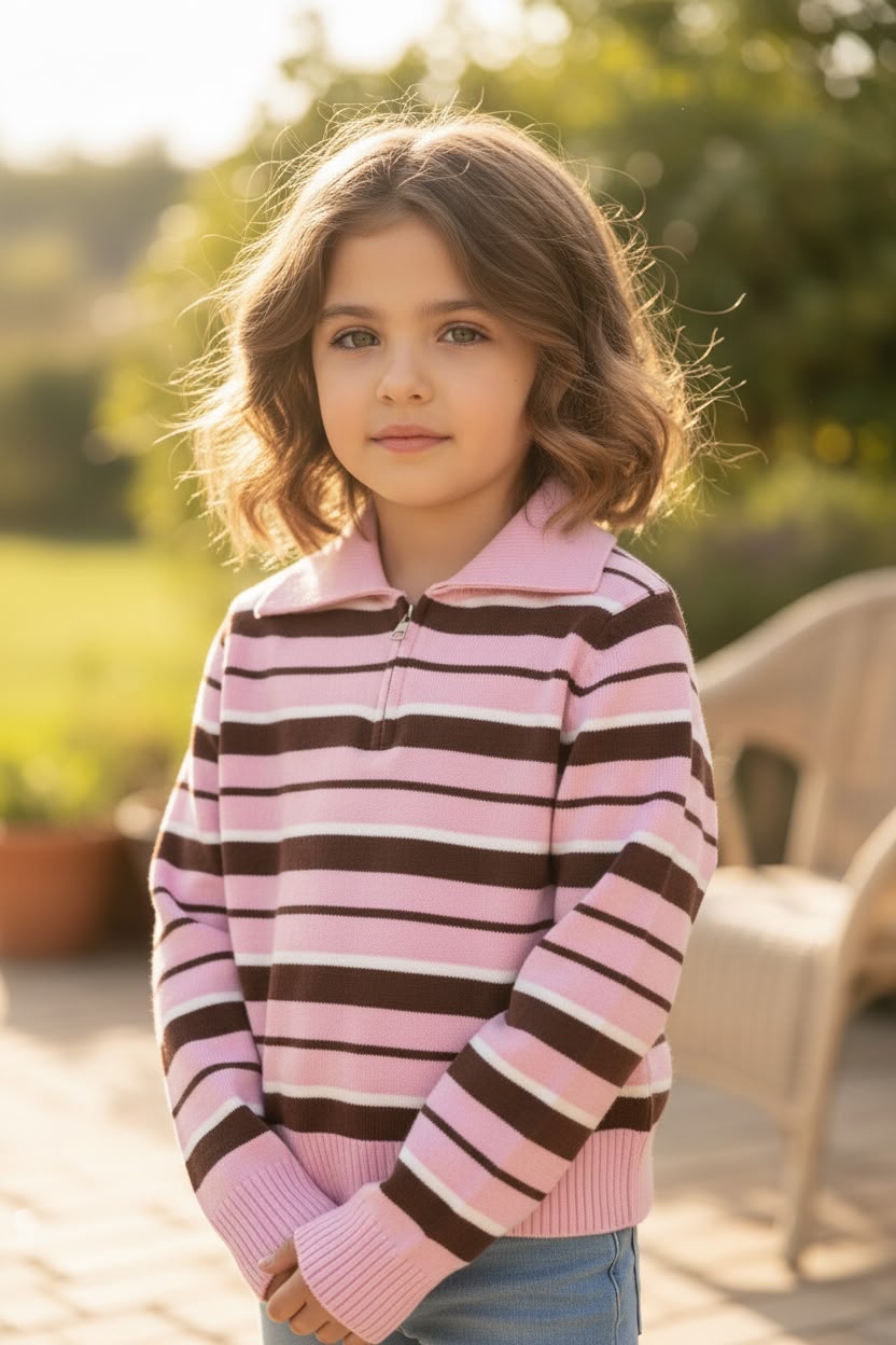 sasdf Candy Stripe Knit - Παιδική Ριγέ Πλεκτή Μπλούζα με Γιακά & Φερμουάρ Ροζ - Image 1